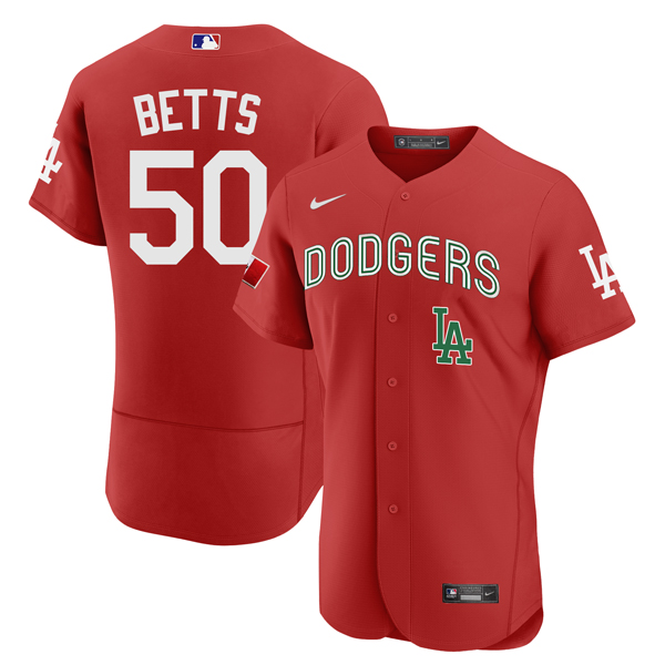 Men's Los Angeles Dodgers #50 Mookie Betts 2021 Mexican Heritage Red Flex Base Stitched